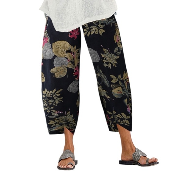 Pantalon Pants - Pantalon Black Floral Linen Blend Cropped Pants 2XL Wide Leg Stretch Summer